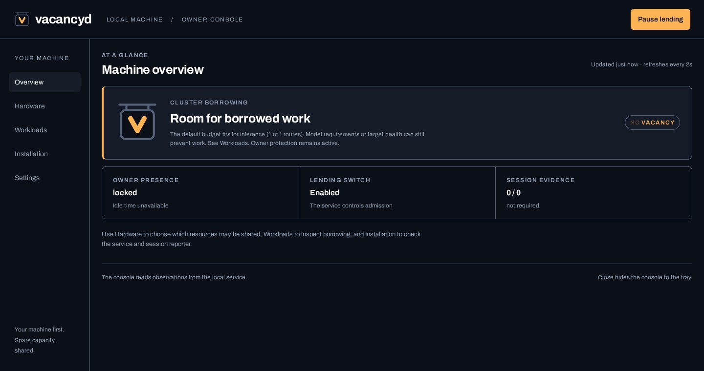 Vacancyd owner console showing lending status, resource checks and configured workloads with example data.