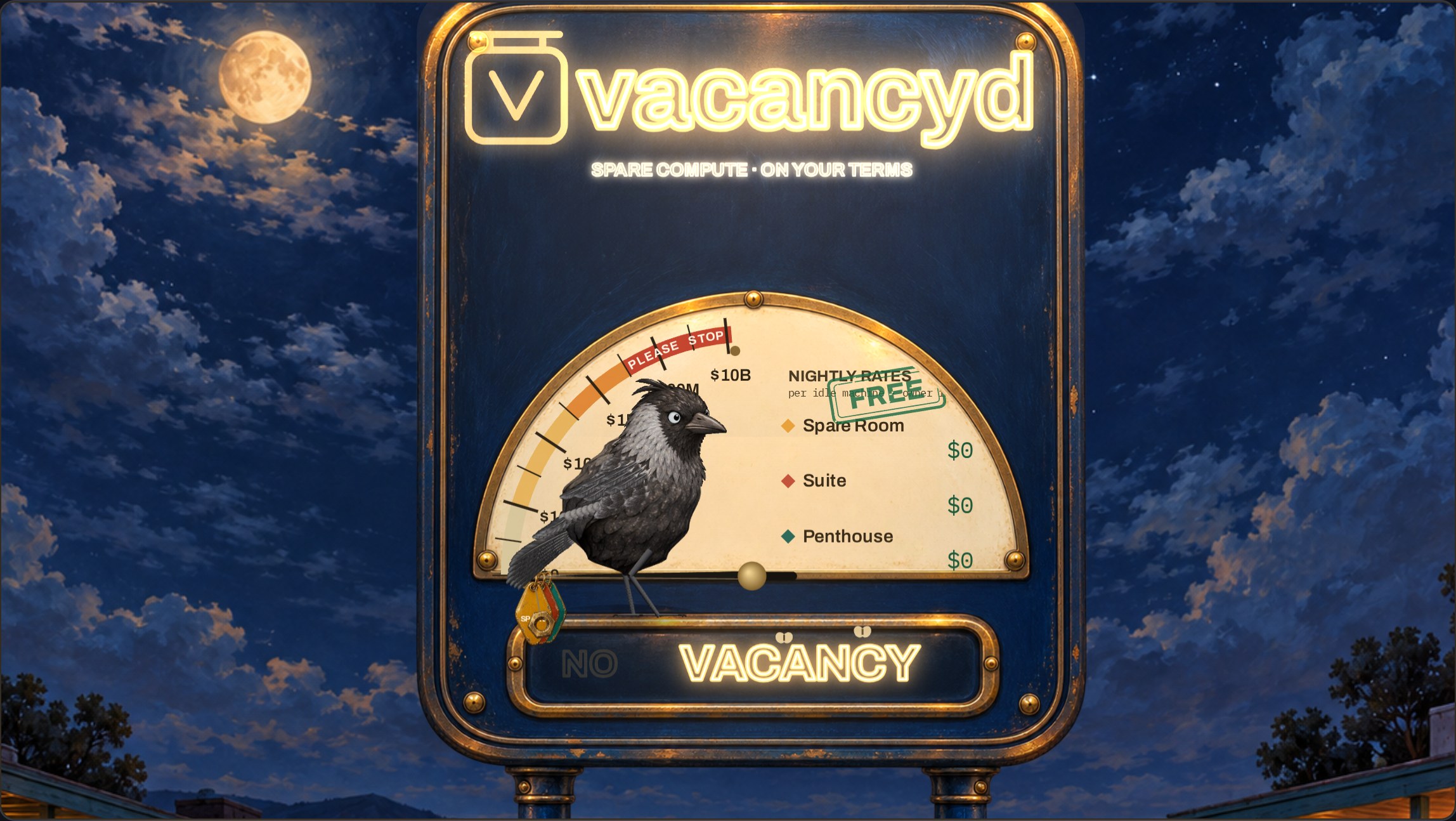 Rivet the jackdaw stands on a roadside motel sign at night. The rate dial's three needles rest at zero, held down by a brass nut he hung on them, and the sign reads VACANCY.
